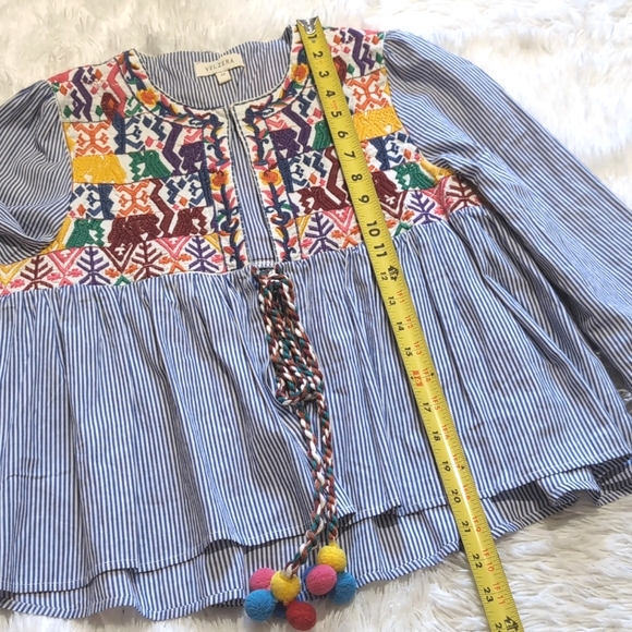 🔴SALE! Velzera Rainbow Embroidered Striped Oversized Tie Front Top Size XS - Picture 11 of 11